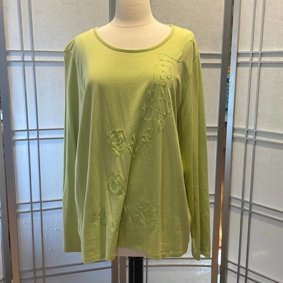 Elisabeth by Liz Claiborne Tops - *Lime Green Long Sleeved Top with Beading on Front  Size 2X 100% Cotton